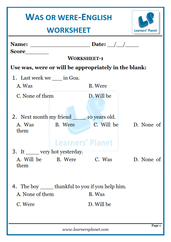 Free download-Use of was or were MCQ worksheet